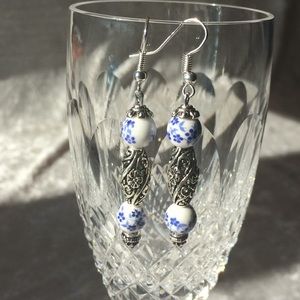 Handmade earrings: white, blue, silver
